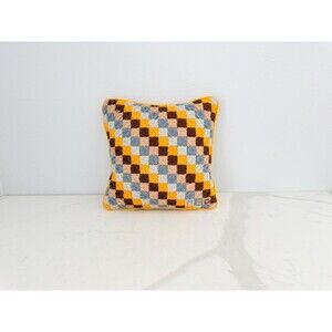 Vintage 1970s Needlepoint Throw Pillow Handmade Check Pattern Velour Back